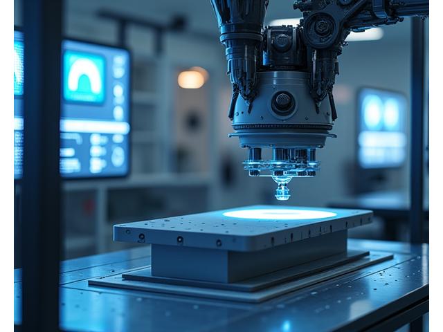 Robotic arm testing durability of a modular shelf component in a modern laboratory