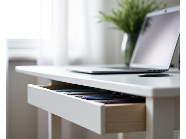 Modern home office desk with compact modular drawers for supplies and documents.