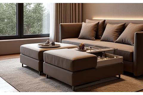 A stylish sofa that cleverly features built-in storage compartments and a pull-out desk, demonstrating multi-functional furniture.