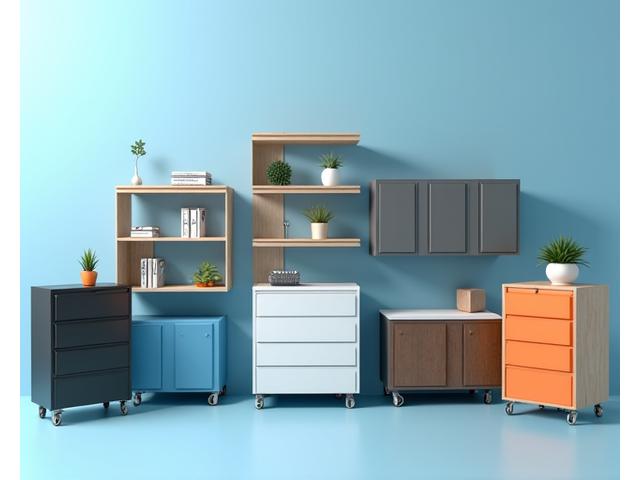 Diverse range of modular office storage cabinets, shelving, and filing units in various configurations and finishes.