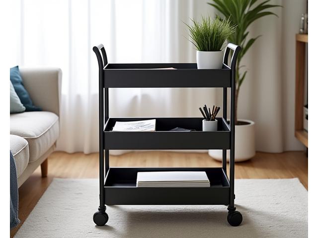 A stylish, black metal rolling utility cart with three tiers, neatly organized with art supplies on the top shelf, office essentials on the middle, and books on the bottom shelf, in a modern living space.