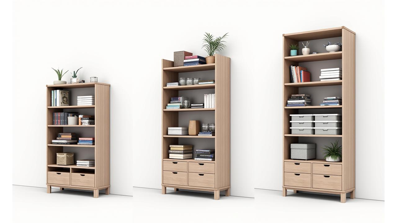 A series of three images showing a single modular shelving unit: first, configured for office supplies; second, reconfigured with different bins for art supplies; and third, adapted for small garage tools, demonstrating its adaptability.