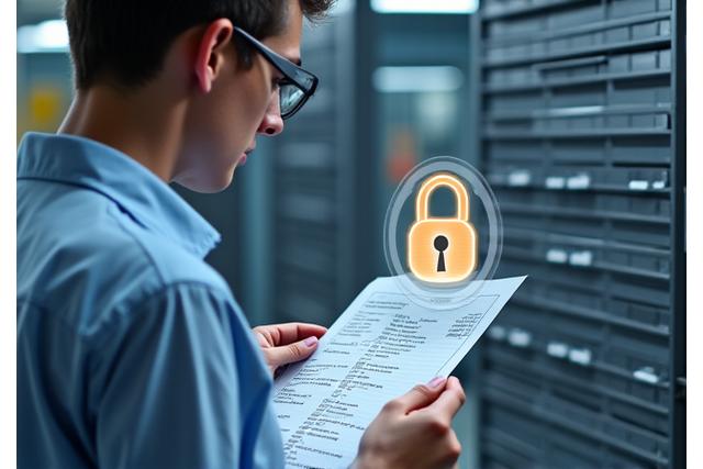 A person carefully assessing security needs, looking at a modular storage system with a checklist and padlock icon overlays, symbolizing a security audit.